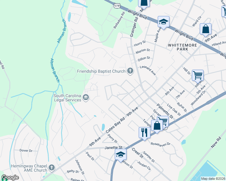 map of restaurants, bars, coffee shops, grocery stores, and more near 2717 Ladson Street in Conway