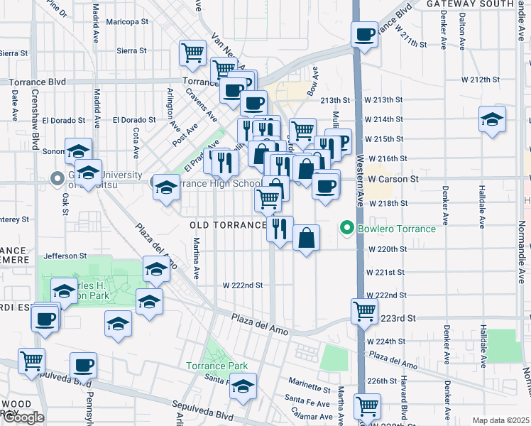 map of restaurants, bars, coffee shops, grocery stores, and more near 1753 Cabrillo Avenue in Torrance