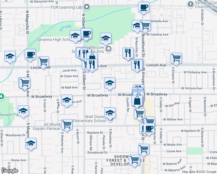 map of restaurants, bars, coffee shops, grocery stores, and more near 2323 West Broadway in Anaheim