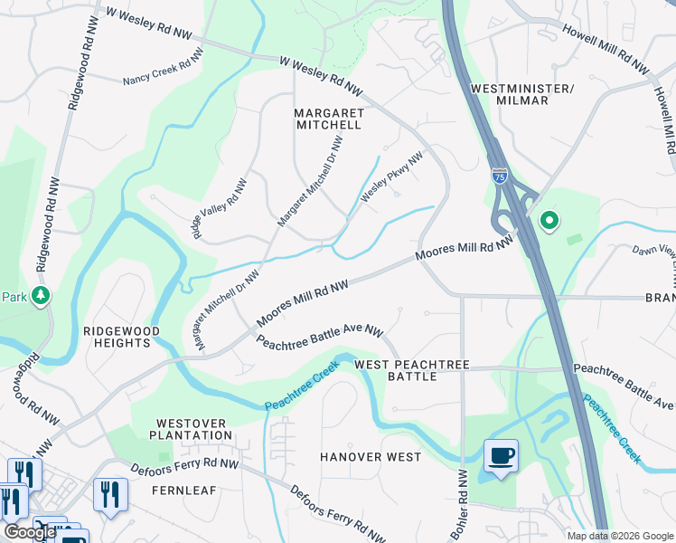 map of restaurants, bars, coffee shops, grocery stores, and more near 1451 Moores Mill Road Northwest in Atlanta
