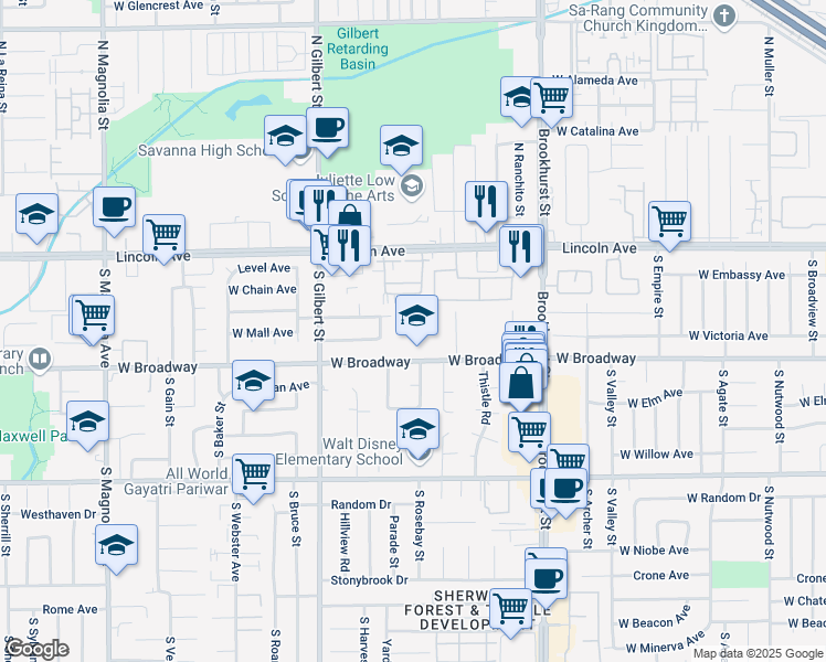 map of restaurants, bars, coffee shops, grocery stores, and more near in Anaheim