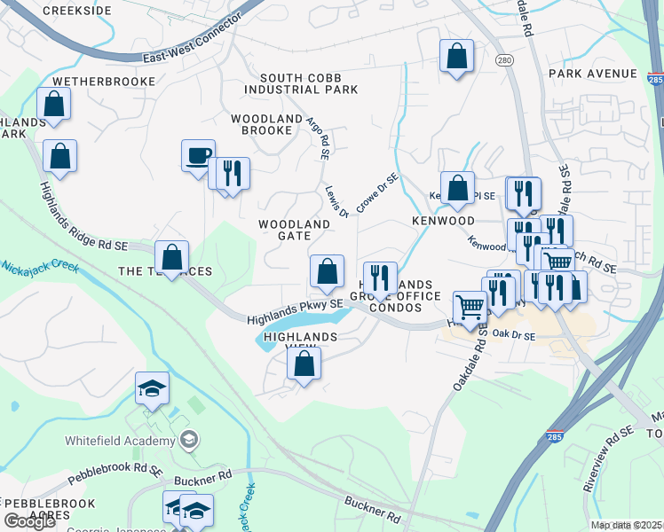 map of restaurants, bars, coffee shops, grocery stores, and more near 5090 Healey Drive in Smyrna