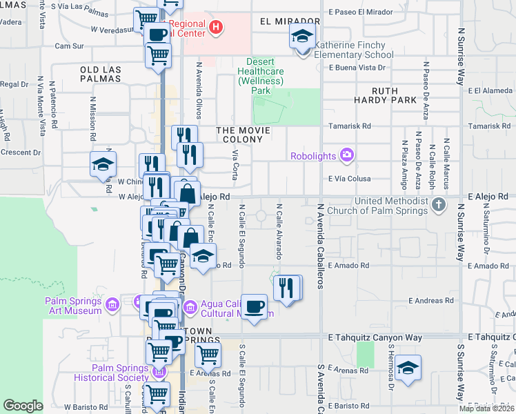 map of restaurants, bars, coffee shops, grocery stores, and more near 620 Violeta Drive in Palm Springs