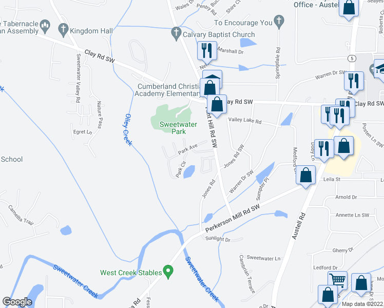 map of restaurants, bars, coffee shops, grocery stores, and more near 2305 Parkside Drive in Austell