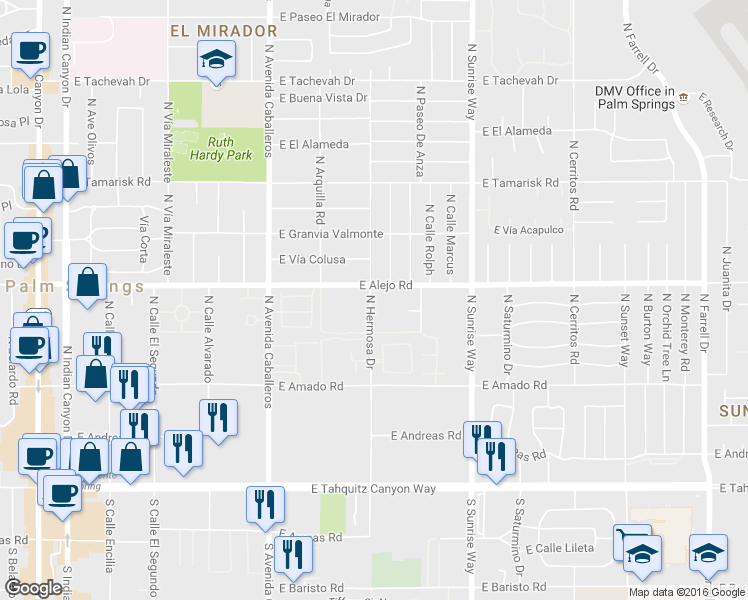 map of restaurants, bars, coffee shops, grocery stores, and more near 460 North Hermosa Drive in Palm Springs