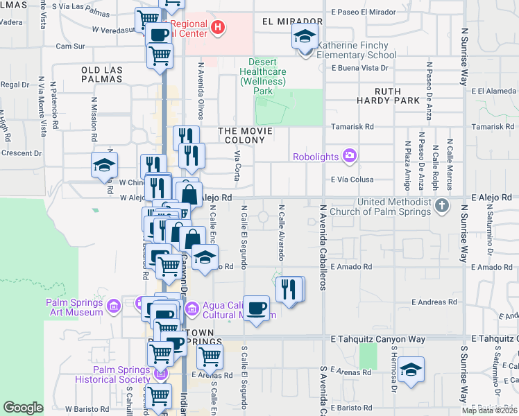map of restaurants, bars, coffee shops, grocery stores, and more near 620 Violeta Drive in Palm Springs