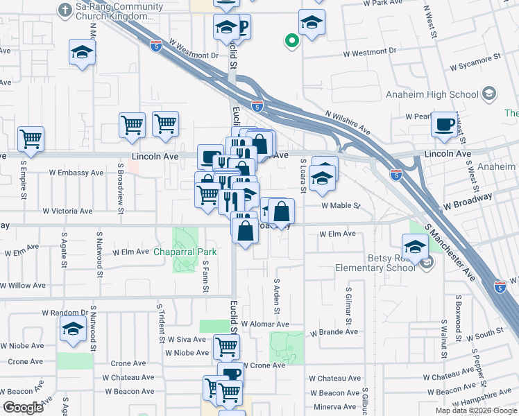 map of restaurants, bars, coffee shops, grocery stores, and more near 1673 West Broadway in Anaheim