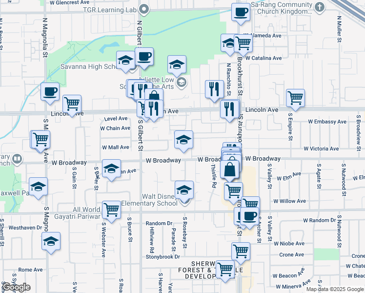 map of restaurants, bars, coffee shops, grocery stores, and more near 2323 West Broadway in Anaheim