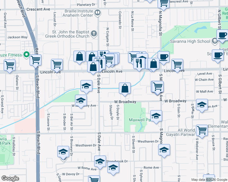 map of restaurants, bars, coffee shops, grocery stores, and more near 2732 West Tola Avenue in Anaheim