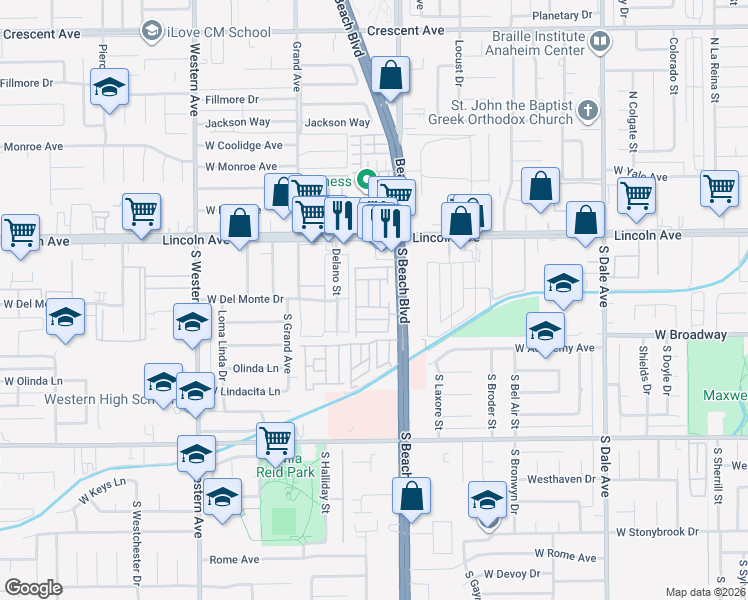 map of restaurants, bars, coffee shops, grocery stores, and more near 211 South Beach Boulevard in Anaheim