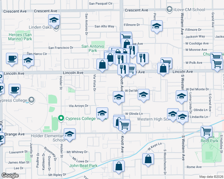 map of restaurants, bars, coffee shops, grocery stores, and more near 3524 West Del Monte Drive in Anaheim