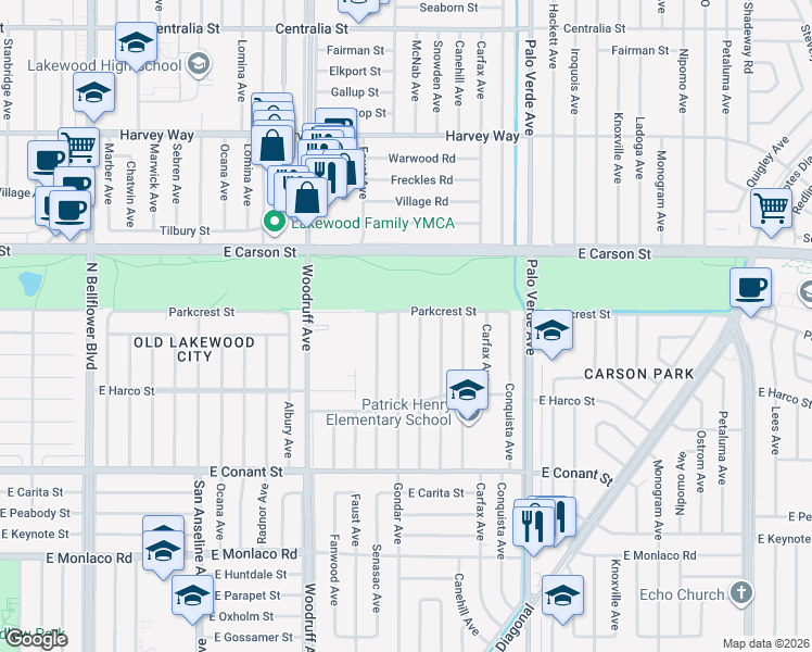 map of restaurants, bars, coffee shops, grocery stores, and more near 3923 Gondar Avenue in Long Beach