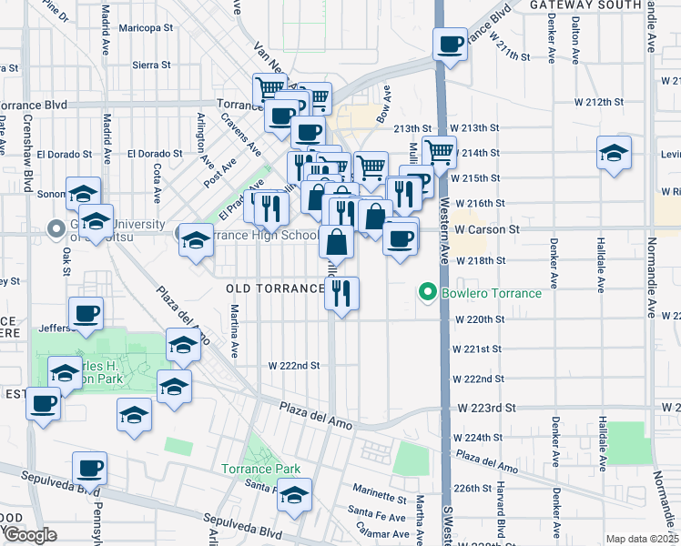 map of restaurants, bars, coffee shops, grocery stores, and more near 1753 Cabrillo Avenue in Torrance