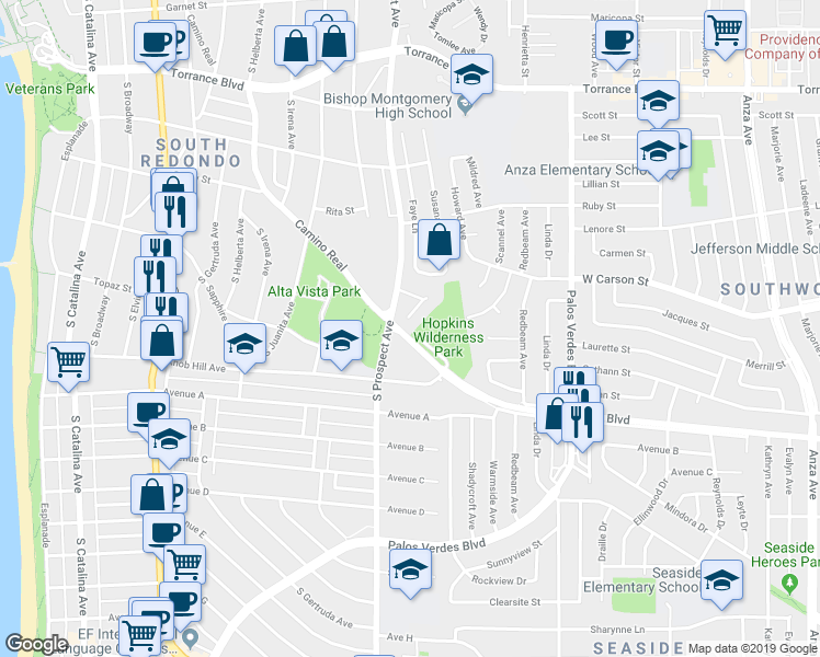 map of restaurants, bars, coffee shops, grocery stores, and more near 1013 Camino Real in Redondo Beach