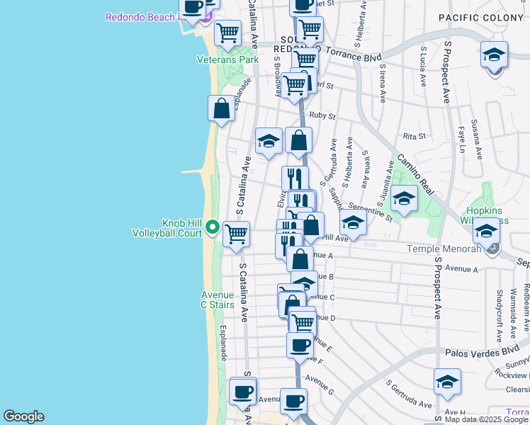 map of restaurants, bars, coffee shops, grocery stores, and more near 722 South Broadway in Redondo Beach