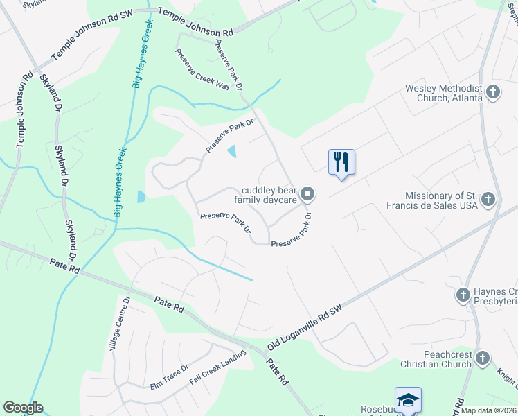 map of restaurants, bars, coffee shops, grocery stores, and more near 3678 Park Hill Circle Southwest in Loganville