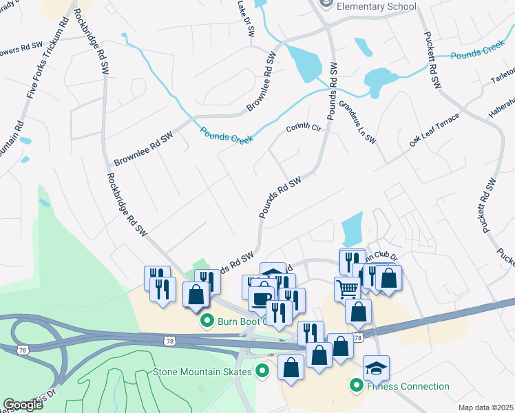 map of restaurants, bars, coffee shops, grocery stores, and more near 1753 Pounds Road Southwest in Stone Mountain