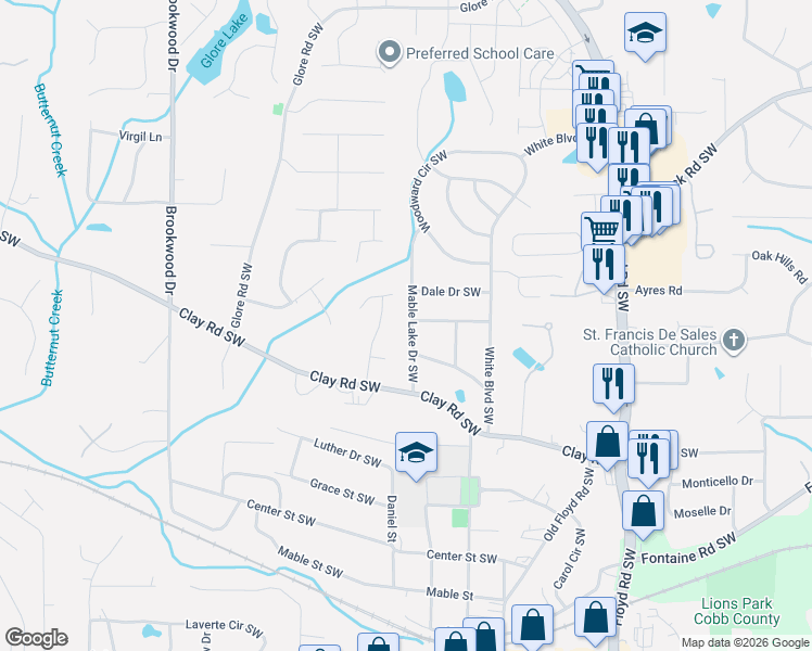 map of restaurants, bars, coffee shops, grocery stores, and more near 5125 Madison Green Drive Southwest in Mableton
