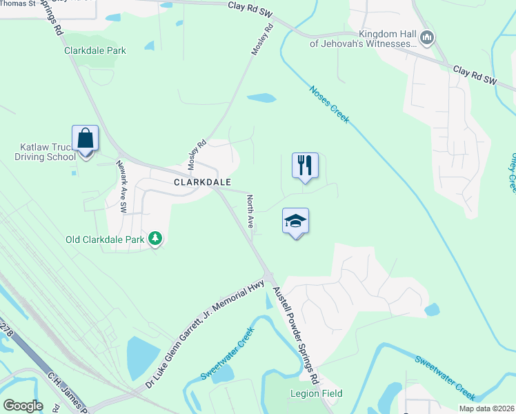 map of restaurants, bars, coffee shops, grocery stores, and more near 5116 North Avenue in Austell