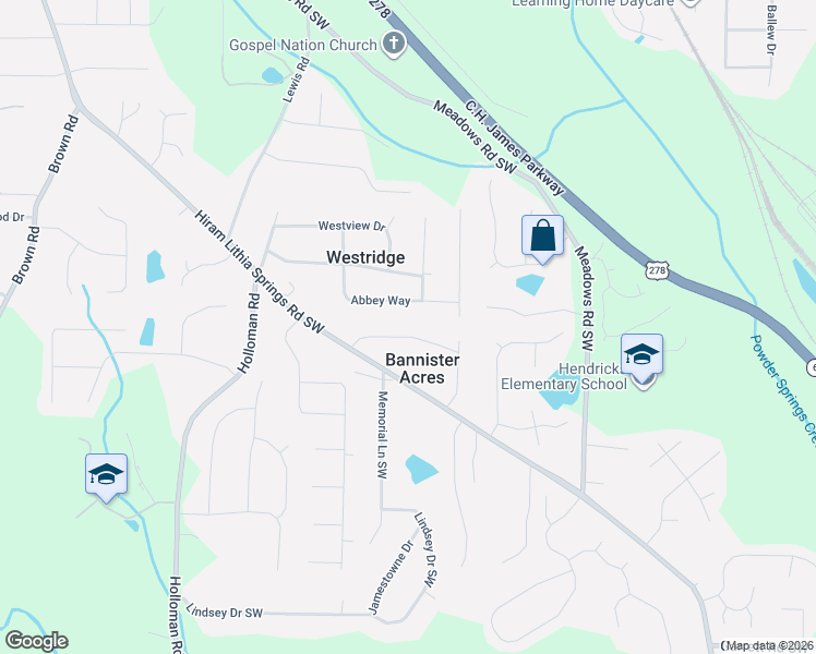 map of restaurants, bars, coffee shops, grocery stores, and more near 4444 Bannister Drive Southwest in Powder Springs