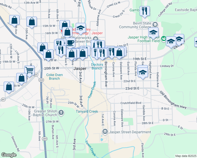 map of restaurants, bars, coffee shops, grocery stores, and more near 2100-2196 Commerce Avenue in Jasper