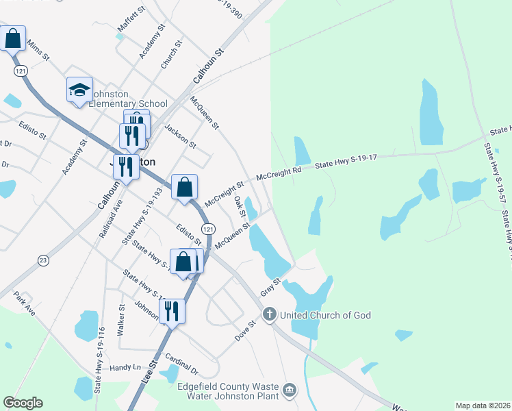 map of restaurants, bars, coffee shops, grocery stores, and more near 212 McQueen Street in Johnston