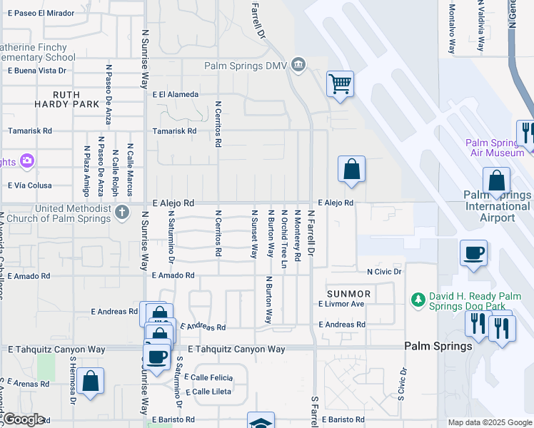 map of restaurants, bars, coffee shops, grocery stores, and more near 473 North Burton Way in Palm Springs