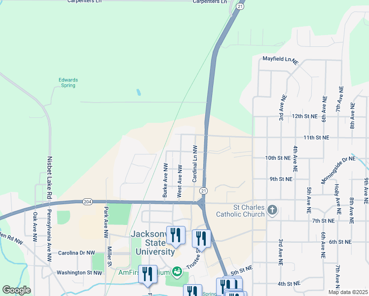 map of restaurants, bars, coffee shops, grocery stores, and more near 203 Reynolds Street Northwest in Jacksonville