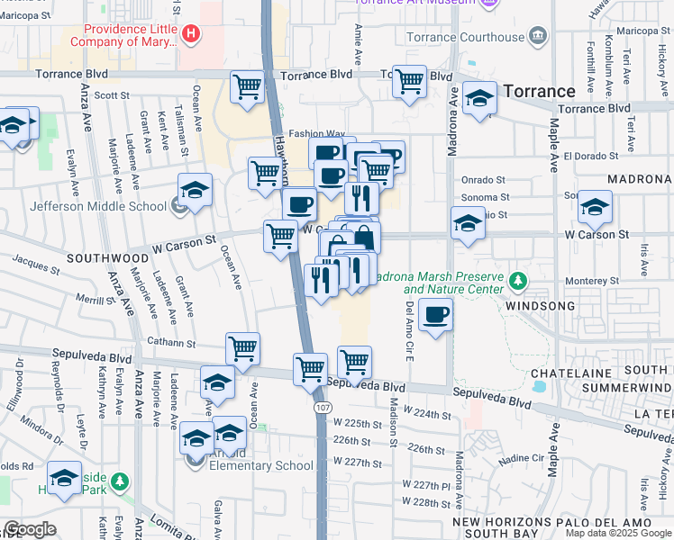 map of restaurants, bars, coffee shops, grocery stores, and more near 21800 Hawthorne Boulevard in Torrance