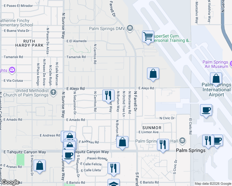 map of restaurants, bars, coffee shops, grocery stores, and more near 473 North Burton Way in Palm Springs