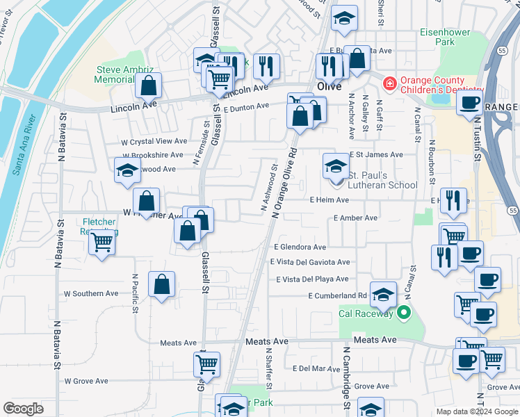 map of restaurants, bars, coffee shops, grocery stores, and more near 2478 North Ashwood Street in Orange