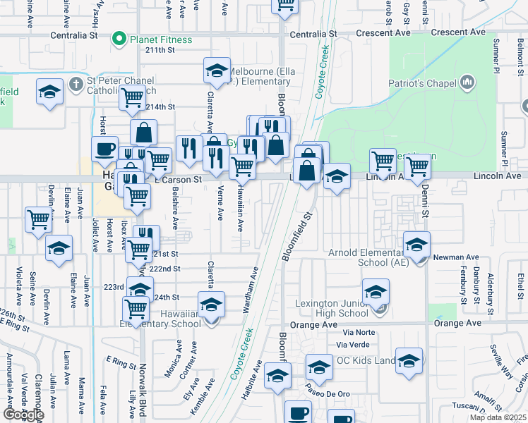 map of restaurants, bars, coffee shops, grocery stores, and more near 12550 East Carson Street in Hawaiian Gardens