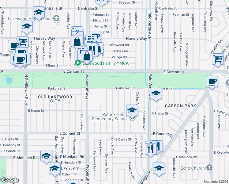 map of restaurants, bars, coffee shops, grocery stores, and more near 3923 Gondar Avenue in Long Beach