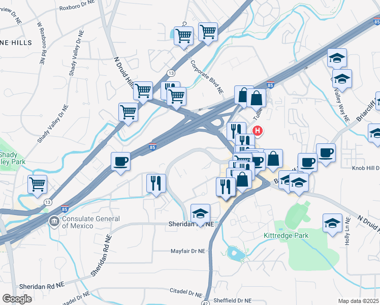 map of restaurants, bars, coffee shops, grocery stores, and more near 1268 Executive Park Drive Northeast in Atlanta