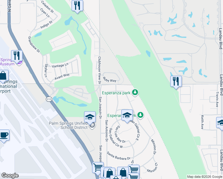 map of restaurants, bars, coffee shops, grocery stores, and more near 67089 San Mateo Drive in Cathedral City