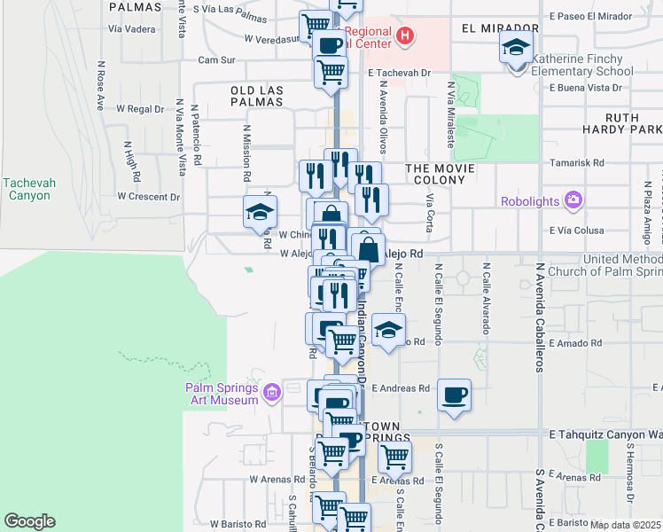 map of restaurants, bars, coffee shops, grocery stores, and more near 457 North Palm Canyon Drive in Palm Springs