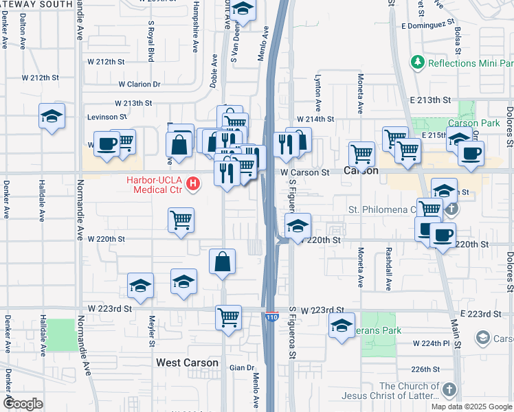 map of restaurants, bars, coffee shops, grocery stores, and more near 715 West 220th Street in Torrance