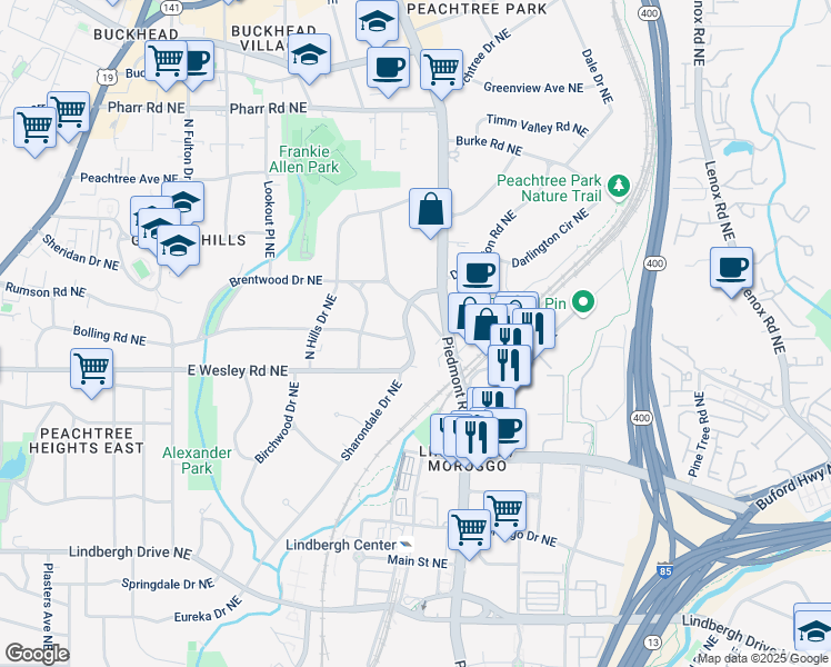 map of restaurants, bars, coffee shops, grocery stores, and more near 557 East Wesley Road Northeast in Atlanta
