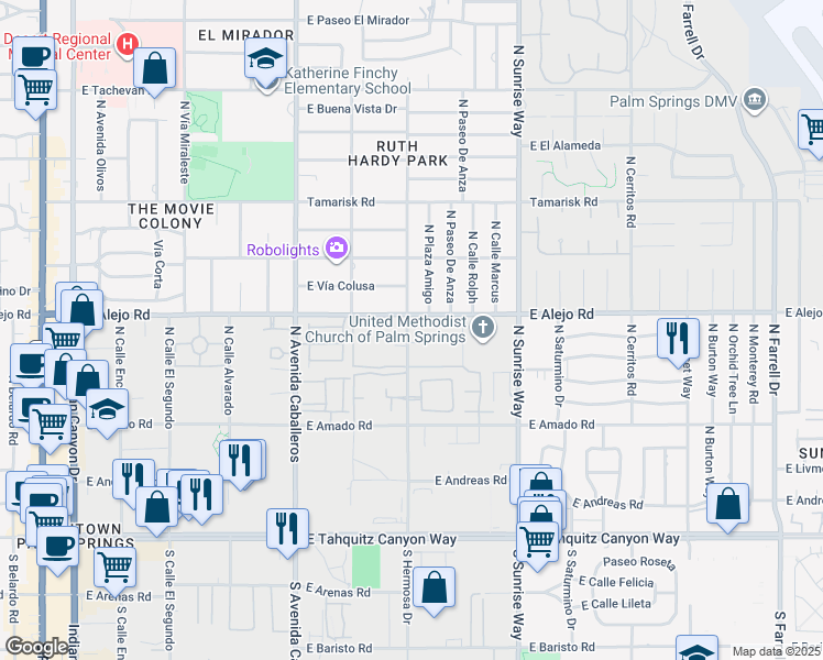 map of restaurants, bars, coffee shops, grocery stores, and more near 460 North Hermosa Drive in Palm Springs
