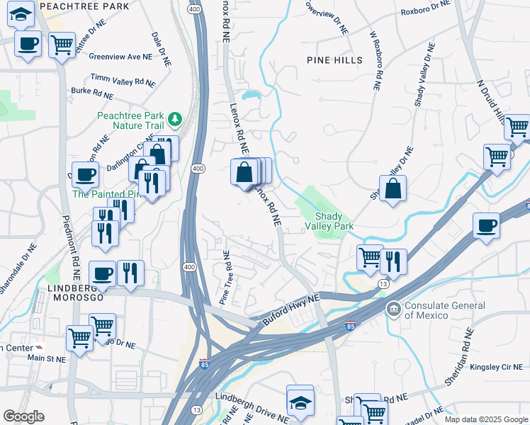 map of restaurants, bars, coffee shops, grocery stores, and more near 2760 Lenox Road Northeast in Atlanta