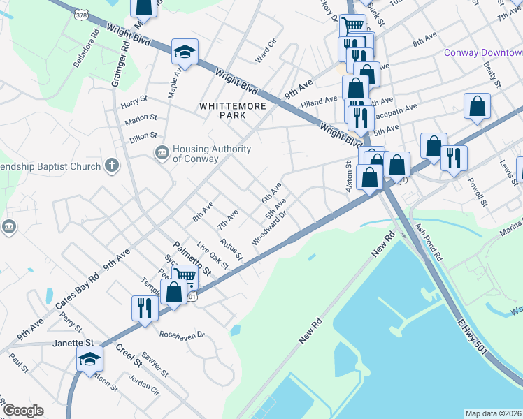 map of restaurants, bars, coffee shops, grocery stores, and more near 2100 6th Avenue in Conway