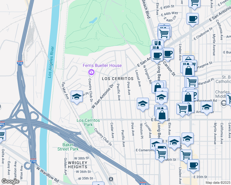 map of restaurants, bars, coffee shops, grocery stores, and more near 2 Pacific Drive in Long Beach