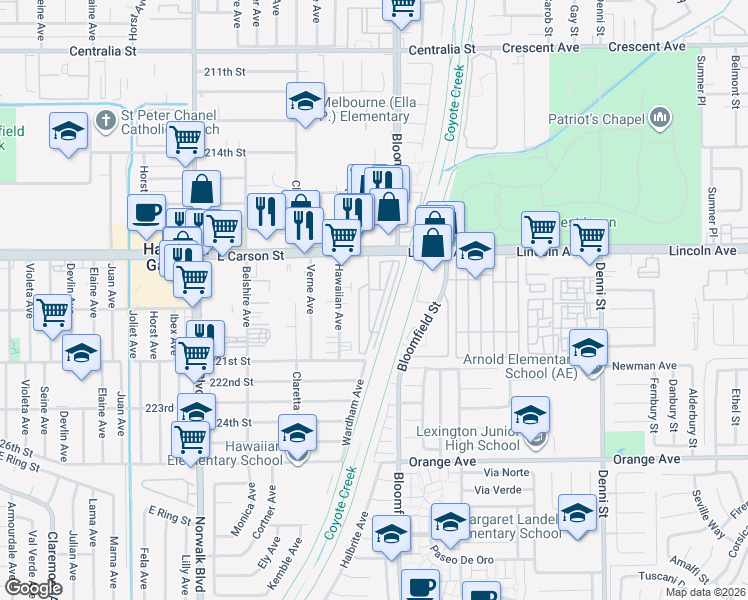 map of restaurants, bars, coffee shops, grocery stores, and more near 12550 East Carson Street in Hawaiian Gardens