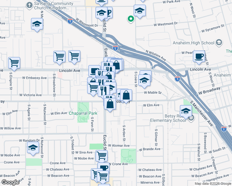 map of restaurants, bars, coffee shops, grocery stores, and more near 1673 West Broadway in Anaheim