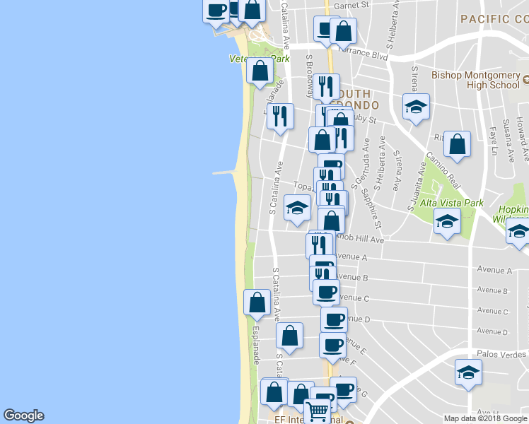 map of restaurants, bars, coffee shops, grocery stores, and more near Esplanade in Redondo Beach
