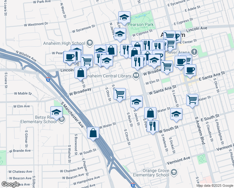 map of restaurants, bars, coffee shops, grocery stores, and more near 101 South Citron Street in Anaheim