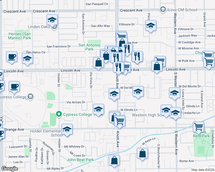 map of restaurants, bars, coffee shops, grocery stores, and more near 3524 West Del Monte Drive in Anaheim