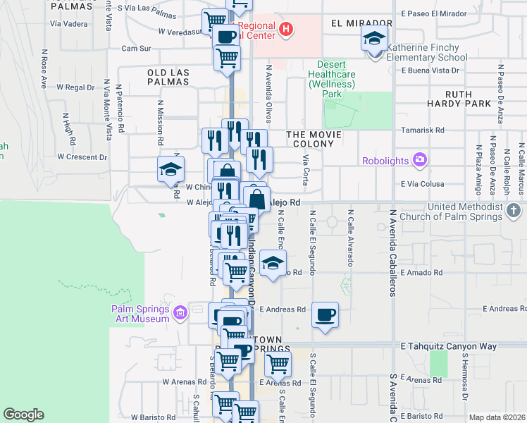 map of restaurants, bars, coffee shops, grocery stores, and more near 277 East Alejo Road in Palm Springs