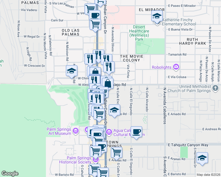 map of restaurants, bars, coffee shops, grocery stores, and more near 462 North Indian Canyon Drive in Palm Springs