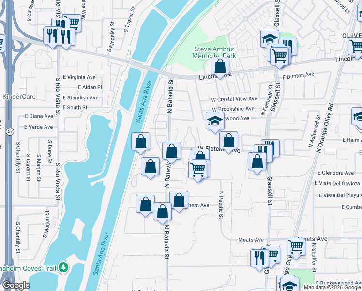 map of restaurants, bars, coffee shops, grocery stores, and more near 737 West Fletcher Avenue in Orange